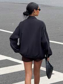 Muchica 女装秋季新款反光条纹美式宽松立领运动夹克 - 黑色 - 查看 2