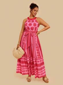 SHEIN VCAY 大码几何印花挂脖休闲沙滩裙