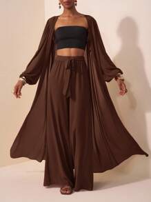 Zivah New All-Match Simple Beach/Bohemian/Bohemian Women's Clothing/Women's Festival Clothing/Carnival/Easter Women's Clothing/Old Money Style Women's Clothing/Country Concert Clothing/Going Out Clothing/Fairy Style/Festival Clothing/Women's Western Clothing/Tropical Vacation Women's Clothing Casual White Women's Two-Piece House Clothing Fashion Casual Lantern Sleeve Cardigan Top + Wide Leg Pants/Baggy Pants/Flowy Pants/Wide Leg Pants/ Brown Two Piece Set Women - Brown - View 7