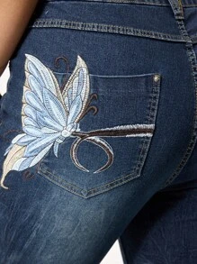 ROMWE Grunge Punk Vintage-Washed Floral Embroidery Bell-Bottom Plus Size Jeans, Casual Retro Boho Style - Blue - View 3
