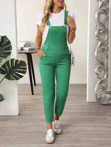 EMERY ROSE Women's Casual Versatile Pocketed Denim Bib And Brace Overalls - Green - View 3