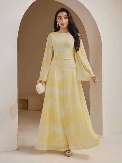 Veilorie Women's Elegant Color Blocking Cinched Waist Flare Sleeve Dress