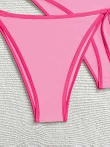 Swim Mod 2025 Ladies' 3Pcs Set Spaghetti Strap Wireless Solid Color Two-Piece Bikini Swimsuit For Summer Beach Vacation - Pink - View 7