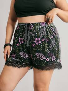 ROMWE Fairycore Plus Size Women Lace Trim Velvet Elastic Waist Shorts, Can Be Worn As Undershorts - Dark Green - View 1