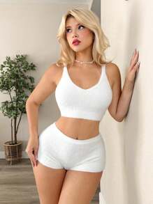 Sweetina Set de 2 piezas de mujer con suéter de punto blanco y conjunto de camiseta de punto corta y shorts de unicolor - Blanco - Ver 4