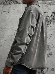 PAVTROS Manfinity Streetrush Niche Rivet Washed Denim Jacket For Men With Turndown Collar Grey Denim Shirt - Grey - View 5