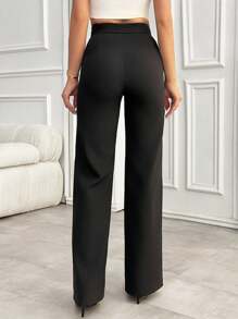 EURMUSE Quần ống đứng, cúc vàng, màu trơn - màu đen - Xem 2