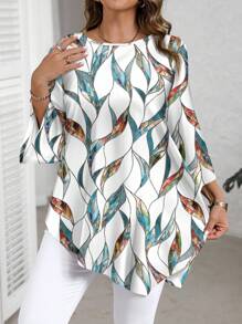 EMERY ROSE 大码夏季休闲全身印花不对称下摆衬衫 - 彩色 - 查看 1