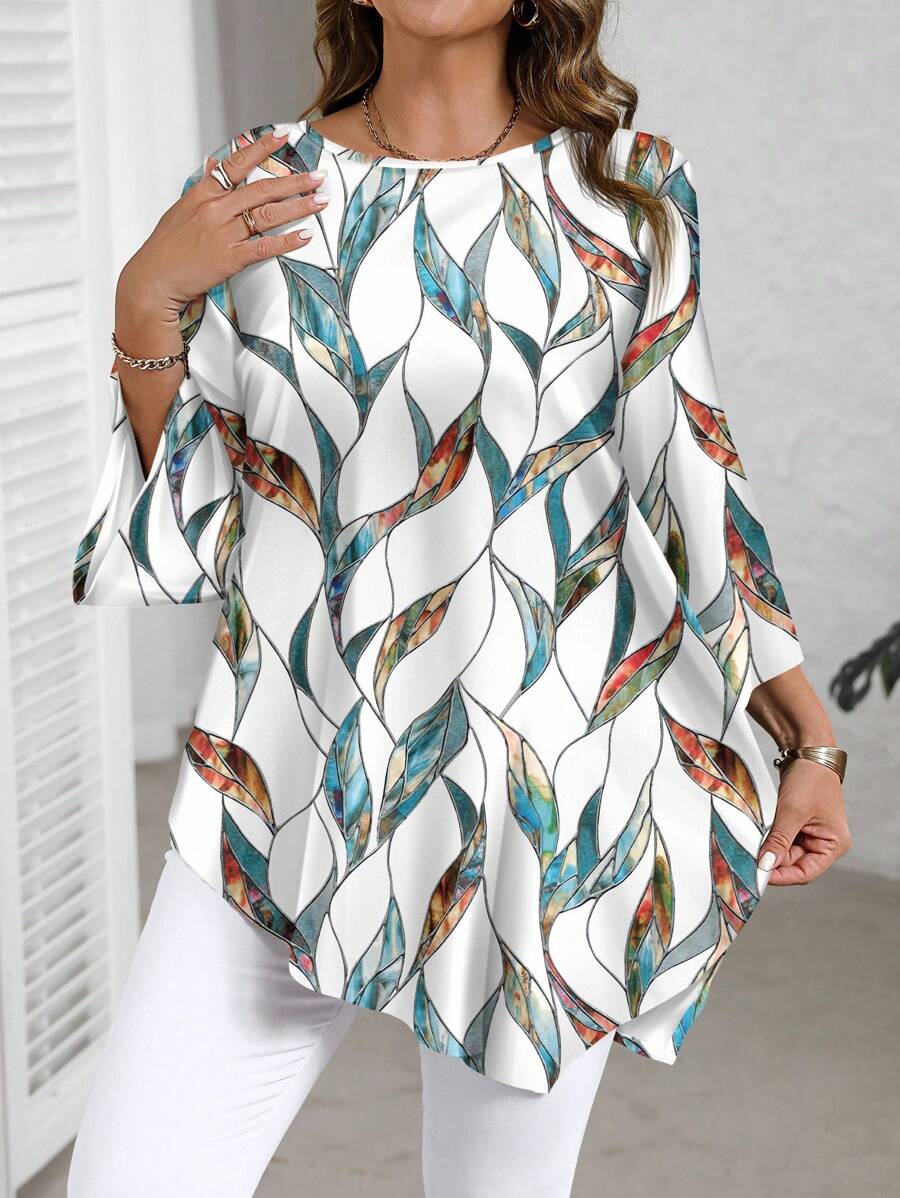 EMERY ROSE 大码夏季休闲全身印花不对称下摆衬衫 - 彩色 - 查看 1