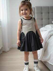 SHEIN Infant Girls' Fashionable Striped Elegant All-Match Casual Dress, Versatile For Spring And Summer