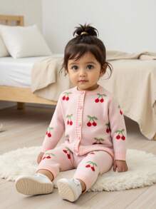 SHEIN Baby Girls Knit Sweater Co-Ord Set, Pink With Cherry Motif, Soft & Comfortable For Casual, Outdoor, Travel, Vacation, Home, Daycare, And Playtime Fall Winter