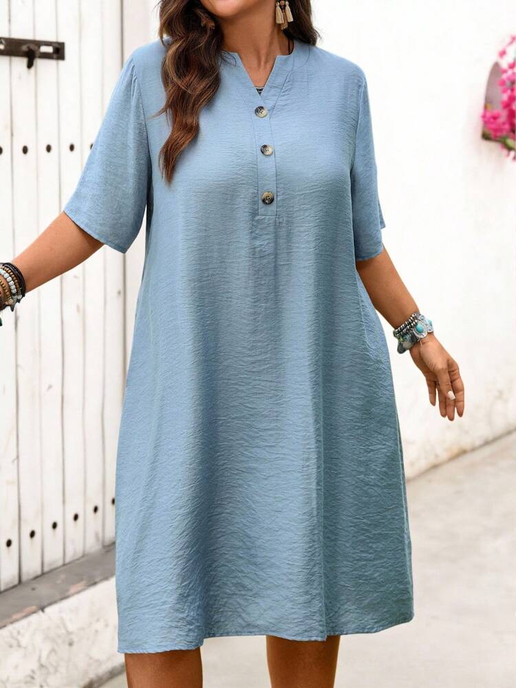 Vestido de manga corta de unicolor y talla grande, de estilo simple y de moda, adecuado para el verano, look casual, moda de verano, atuendos de mujer para conciertos country, atuendos de mujer vaqueros, ropa de verano para mujer de talla grande, ropa de negocios casuales de verano para mujer, ropa formal de mujer de talla grande