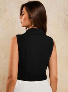 COSMINA Gilet sans manches élégant pour femme, à double boutonnage, de couleur unie, avec boutons métalliques. Convient pour le travail, le quotidien, le minimalisme, les enseignants, les sorties. - Noir - Voir 3