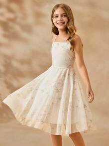 SHEIN Tween Girl Elegant Floral Print Cami Dress, Sleeveless High Waist Chiffon Dress For Summer, Apricot