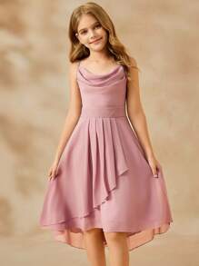 SHEIN Elegant Flower Girl Dress For Wedding, Party, Pageant, Sizes For Tween Girl, Chiffon Spaghetti Strap Ruffle Prom Gown, Girls Princess Style Ball Gown - Pink - View 6