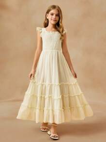 Elegante vestido largo de niña de flores para niñas, nuevo diseño de vestido de tirantes sin mangas para niña preadolescente, vestido esponjoso de princesa de gasa para niñas lindas - Champán - Ver 4