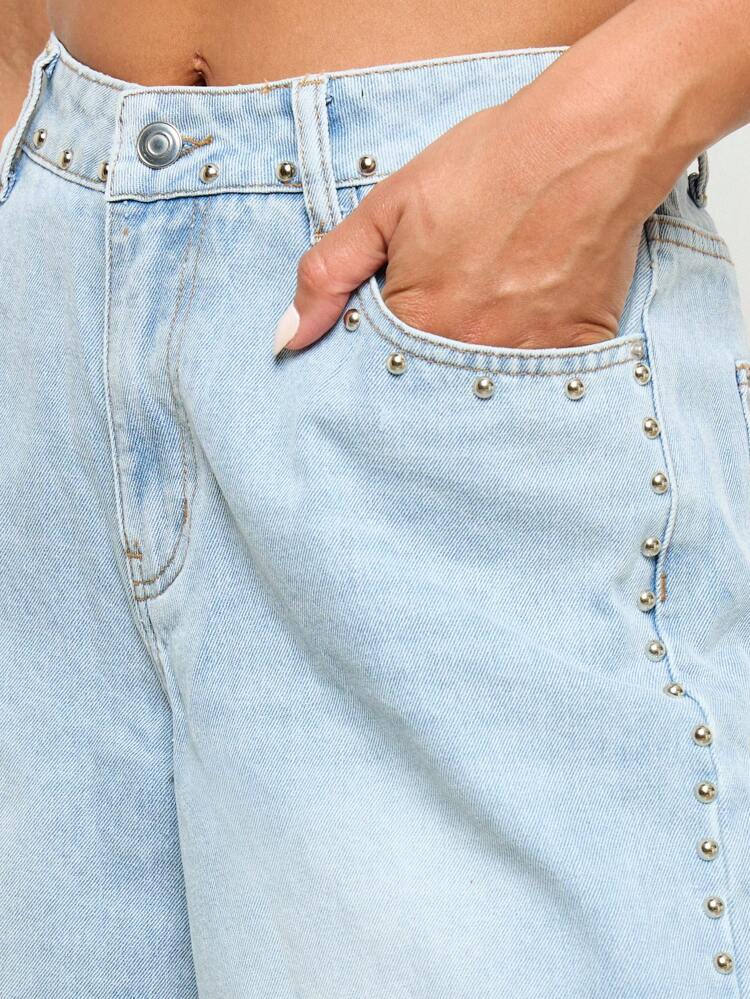 Wide Leg Denim Jorts With Studded Embellishments