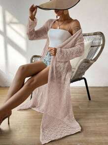 Breezaya Áo len cardigan dài tay khoét lỗ màu trơn cho nữ, trang phục đi nghỉ - Hồng - Xem 5