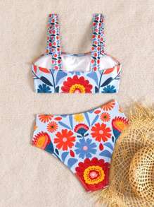 Swim Vcay Traje de baño de 2 piezas de mujer de cintura alta con pantalones cortos de impresión aleatoria, de correas anchas y ajustado, para verano, sexyi, de vacaciones y playa