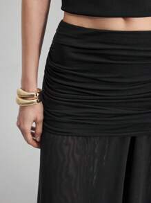 Ontre 2026 Spring/Summer New Elegant Wrinkle-Resistant Chiffon & Knit Fabric Patchwork A-Line Skirt, Daily Wear, Deep Brown - Black - View 5