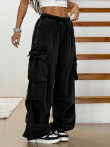 SHEIN ICON 女式实用口袋褶皱阔腿宽松休闲百搭牛仔裤 - 黑色 - 查看 4