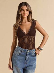 SHEIN BAE 女式黑色蕾丝透视深V领无袖紧身衣，春夏 - 咖啡棕 - 查看 4