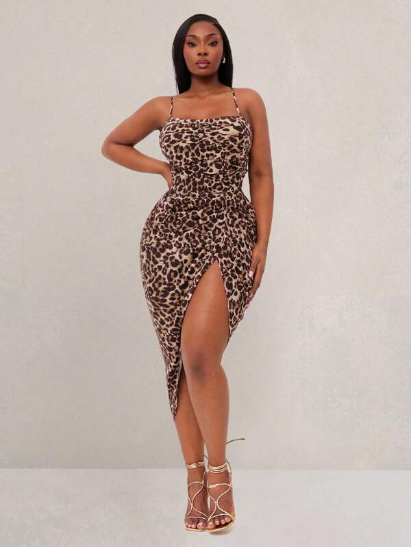SHEIN SXY Plus Size Spring&Summer Sexy Basic Leopard Print Pleated Side Slit Hem Sexy Cami Dress,Suitable For Prom,Valentine's Day