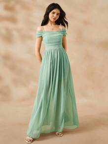 少女绿色清新雪纺吊带连衣裙，夏季优雅开衩沙滩度假连衣裙 - 綠色 - 查看 7