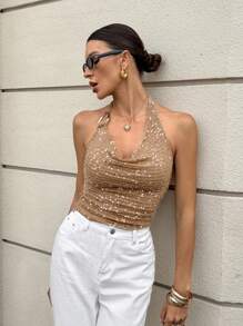 SHEIN Frenchy Camiseta de tirantes con cuello halter sin espalda y hebilla metálica con lentejuelas de moda de verano para mujer