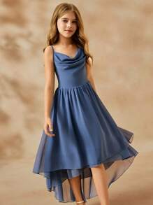 SHEIN 适合婚礼的花童优雅舞会礼服，适合青少年女孩的浅蓝色雪纺细肩带中长连衣裙，时尚蓬松公主裙 - 淺藍色 - 查看 6