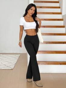 SHEIN EZwear 针织纯色松紧腰优雅时尚喇叭裤 - 黑色 - 查看 5