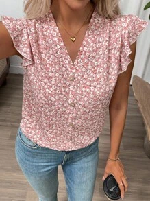 SHEIN Clasi Vacation Casual Pink Floral Ruffle Trim Shirt