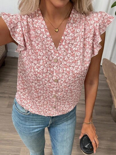 SHEIN Clasi Vacation Casual Pink Floral Ruffle Trim Shirt Women Casual Vacation Elegant Flutter Sleeve Loose Blouse, Minimalist Style Suitable For Summer, Front Button Closure, Ditsy Floral, Vintage Flower Pattern Chic Blouses For WomenIn Fall/Winter Summer Vacation Outfits Women Going Out Outfits