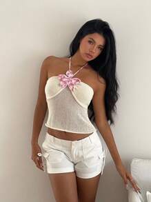 Aloruh 女士 3D 花卉装饰时尚露背针织毛衣 女士夏季海滩 海滩度假 度假女士 波西米亚风 热带度假女士 热带度假女士 音乐会女士 狂欢节 乡村音乐会 伊比沙岛 纳什维尔 西部服饰 女士西部波西米亚风街头服饰 热带辣妹 可爱夏季上衣 钩针编织 Y2k 上衣