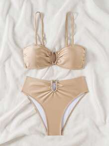 Swim Vcay 2pcs/Set Women's High-End Nylon Shiny Fabric Swimsuit With U-Neck Metal Decor Adjustable Straps, Bikini Set For Beach Holiday, Summer - Khaki - View 3