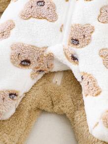 2 件婴儿毛绒考拉印花刺绣厚羊毛长袖连体衣家居服套装，适合秋冬季 - 卡其色 - 查看 7