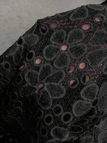 Pariaura 女士蕾丝镂空刺绣短袖衬衫，优雅大方的女士衬衫 - 黑色 - 查看 7