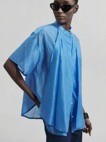 Ontre 2025 女式简约纯色宽松立领短袖衬衫，时尚设计衬衫，略带透视感的短袖衬衫，简约都市风，海岛度假村风，都市度假村商务休闲度假基本款上衣，外套，返校 - 藍色 - 查看 7