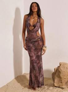 Opulessa 2件套针织印花短款上衣和加长连衣裙女套装 - 棕色 - 查看 5