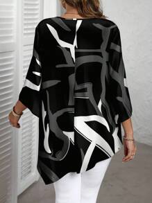 SHEIN CURVE+ Plus Size Casual Minimalist All-Over Retro Abstract Line Print Versatile Plus Size Shirt, Suitable For Spring, Summer, Autumn Chic Blouses For Women - Multicolor - View 2