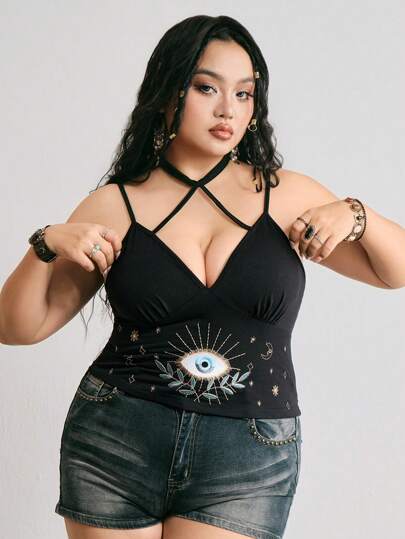 Hippie Top de tirantes con bordado de ojo, sexi y de moda para mujer de talla grande en verano