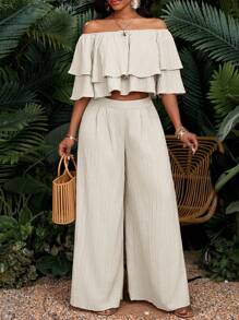 SHEIN Lady 2 件套女士夏季简约纹理纯色一字肩上衣和阔腿裤 - 白色 - 查看 3