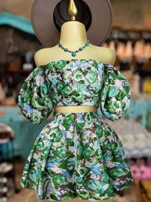 Flirla 大码女式花卉印花船领泡泡袖衬衫 + 褶皱 LGBT 印花短裤两件套，春夏 - 綠色 - 查看 3