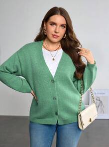 SHEIN 大码休闲纯色纽扣正面蝙蝠开衫 - 綠色 - 查看 1