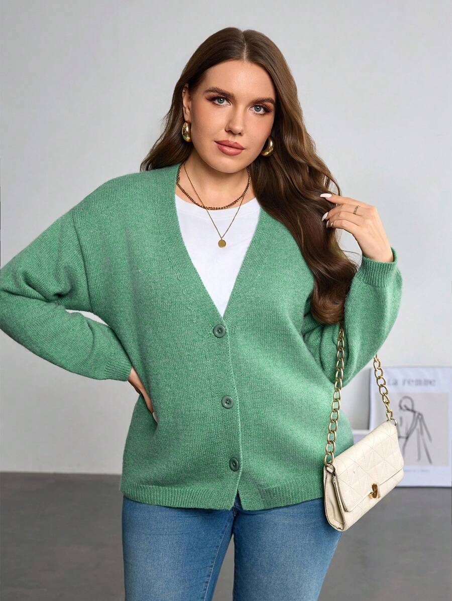SHEIN 大码休闲纯色纽扣正面蝙蝠开衫 - 綠色 - 查看 1