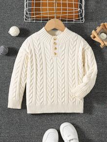 SHEIN 年轻男孩休闲宽松立领纯白色提花半拉链纽扣设计长袖毛衣针织上衣，适合秋冬通勤、上学、居家、休闲、街头、派对、郊游 - 白色 - 查看 1