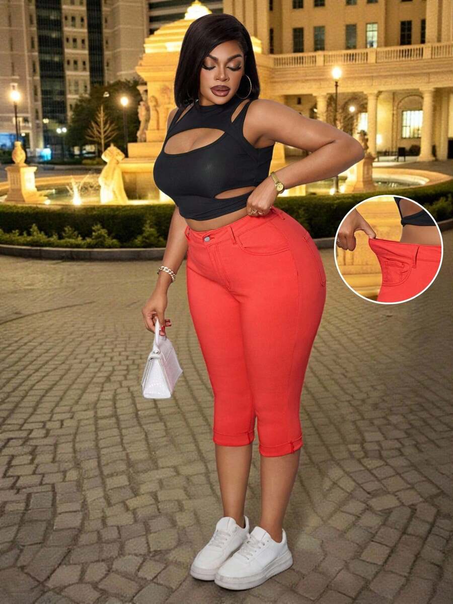 SHEIN Unity Plus Size Women Summer Fashion Elastic Tight 3/4 Pants Summer Festival - Red - View 1