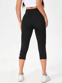 SHEIN Essnce Casual Knit Tight Butterfly Print Design Women's 3/4 Length Leggings, Summer Suitable For Going Out Fall Clothes - Black - View 2