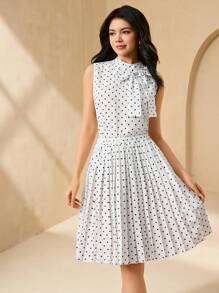 2pcs/Set Teen Girls Polka Dot Bow Tie Sleeveless Top + A-Line Polka Dot Print Waist Pleated Dress, Elegant Outfit For Teenage Flower Girl, Bridesmaid, Birthday Party, Gatherings