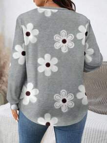EMERY ROSE Casual Minimalist Floral Print Plus Size Loose Fit Crew Neck Sweatshirt ,Flower/Spring/Summer/Vacation - Multicolor - View 5